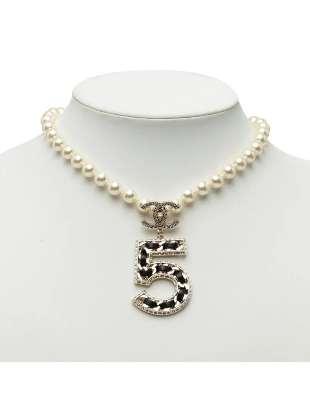 Chanel CC Logo Necklace Gold Black Plated Faux Pearl Rhinestone